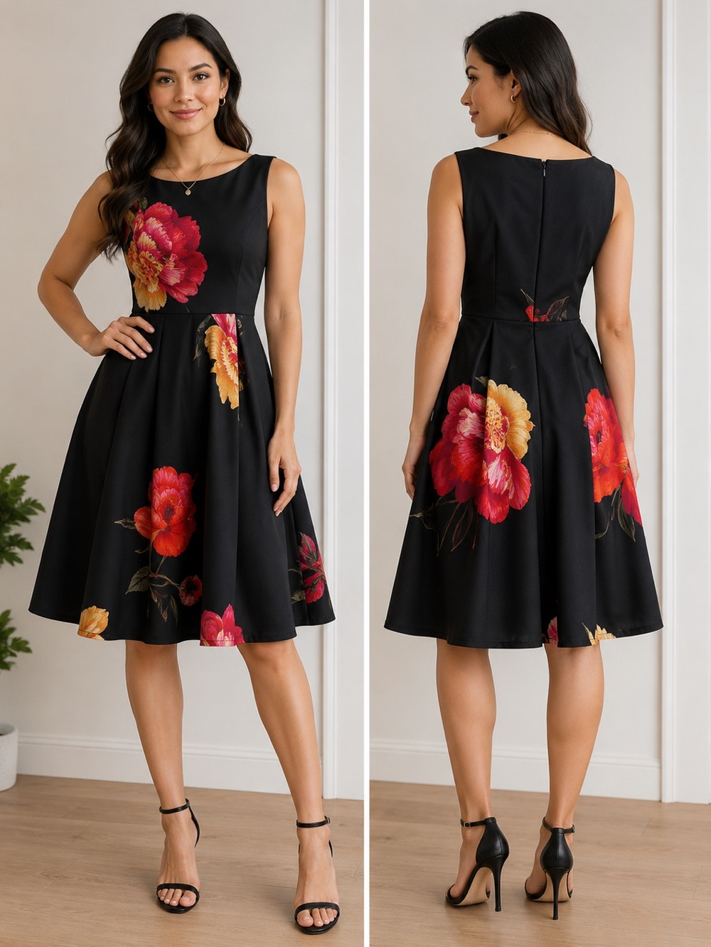 L’ATISTE Floral Fit & Flare Dress Black Red Sleeveless Size Small